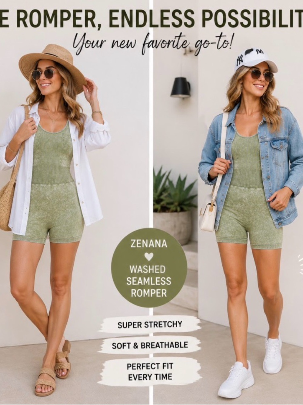 Zenana Mineral Wash Tank Romper Women’s Olive Green Ribbed Sz S/M o L/XL
